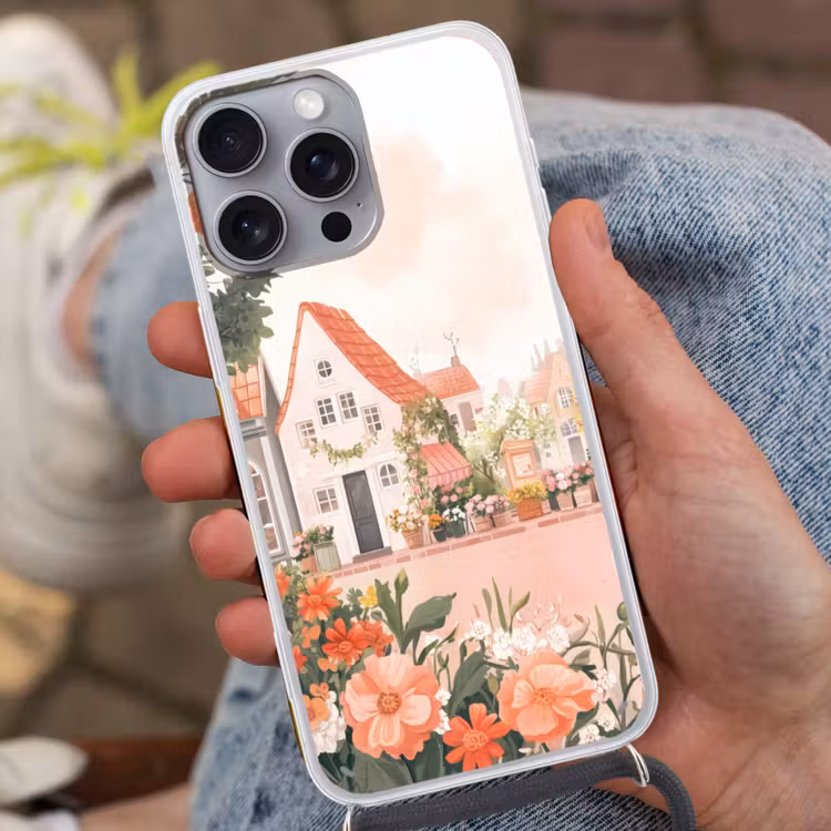 Telefoonhoesje met koord - Bloemen - Huizen - Dorp — 2