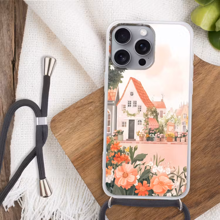 Telefoonhoesje met koord - Bloemen - Huizen - Dorp — 3