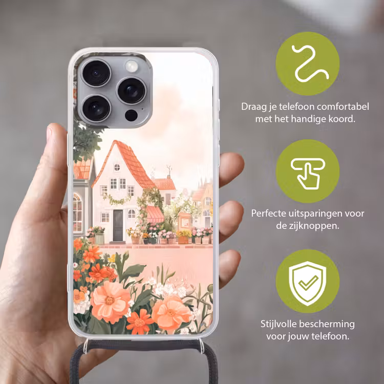 Telefoonhoesje met koord - Bloemen - Huizen - Dorp — 4