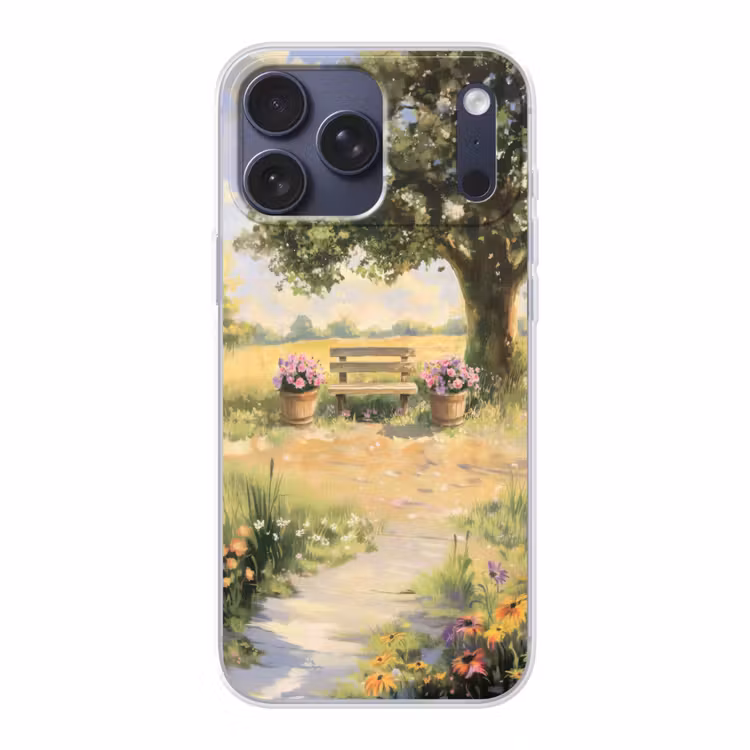 Telefoonhoesje Softcase - Houten bankje - Bloempotten - Landschap — 1