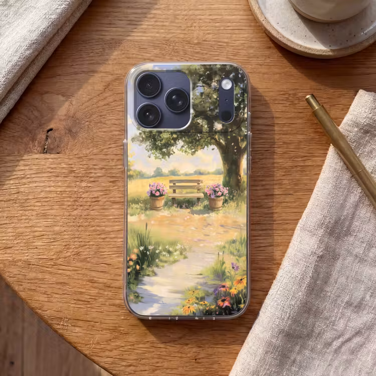 Telefoonhoesje Softcase - Houten bankje - Bloempotten - Landschap — 2