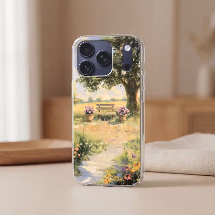 Telefoonhoesje Softcase - Houten bankje - Bloempotten - Landschap — 3