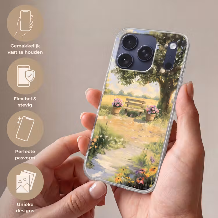 Telefoonhoesje Softcase - Houten bankje - Bloempotten - Landschap — 4
