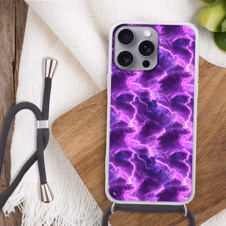 Telefoonhoesje met koord - Paars - Bliksem - Wolken — 3