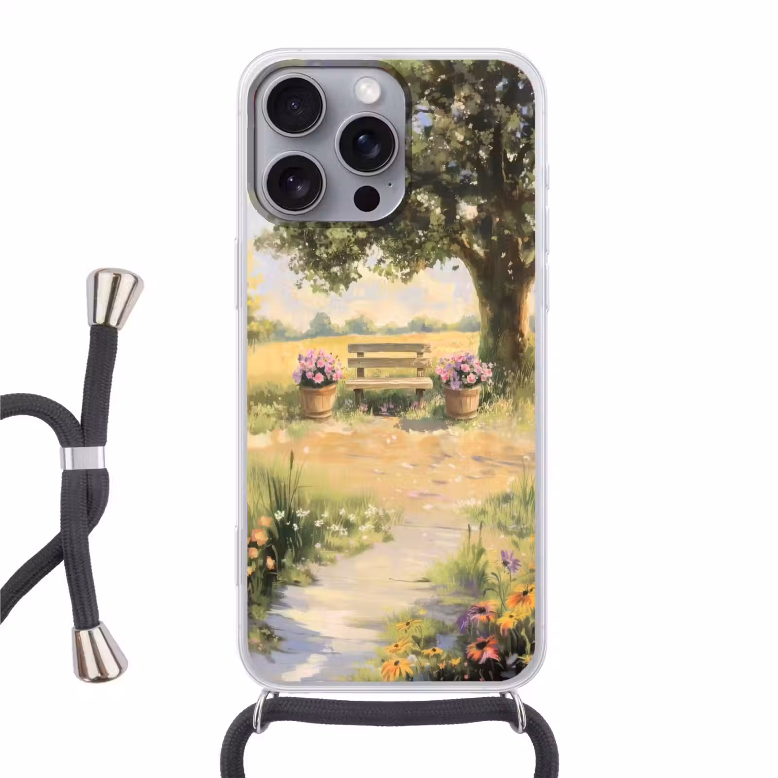 Telefoonhoesje met koord - Houten bankje - Bloempotten - Landschap — 1
