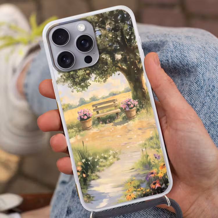 Telefoonhoesje met koord - Houten bankje - Bloempotten - Landschap — 2