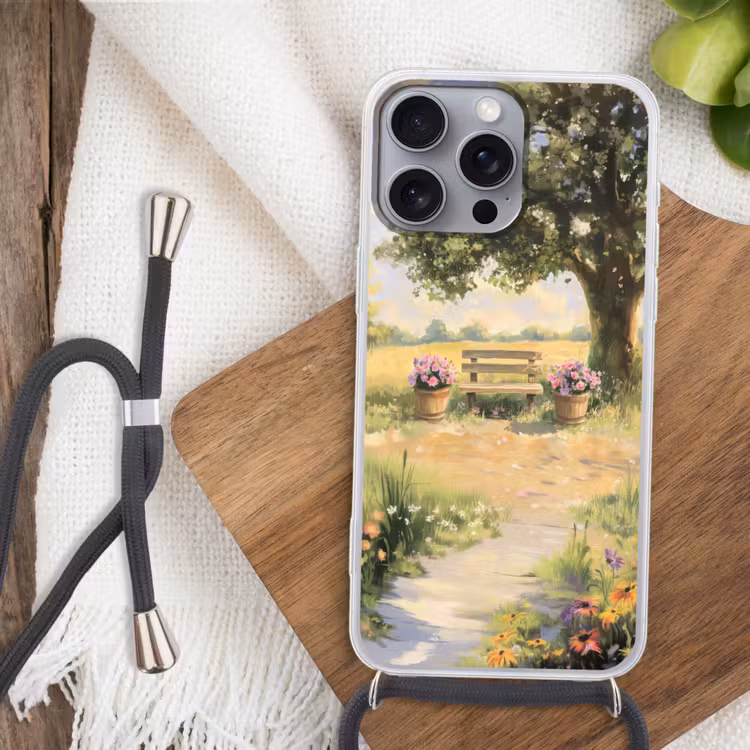 Telefoonhoesje met koord - Houten bankje - Bloempotten - Landschap — 3