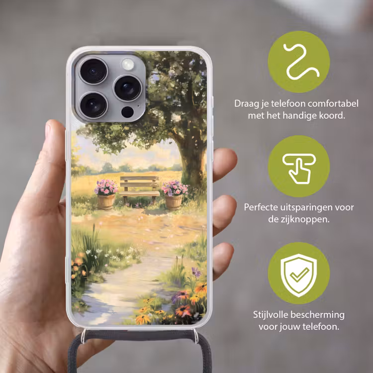 Telefoonhoesje met koord - Houten bankje - Bloempotten - Landschap — 4
