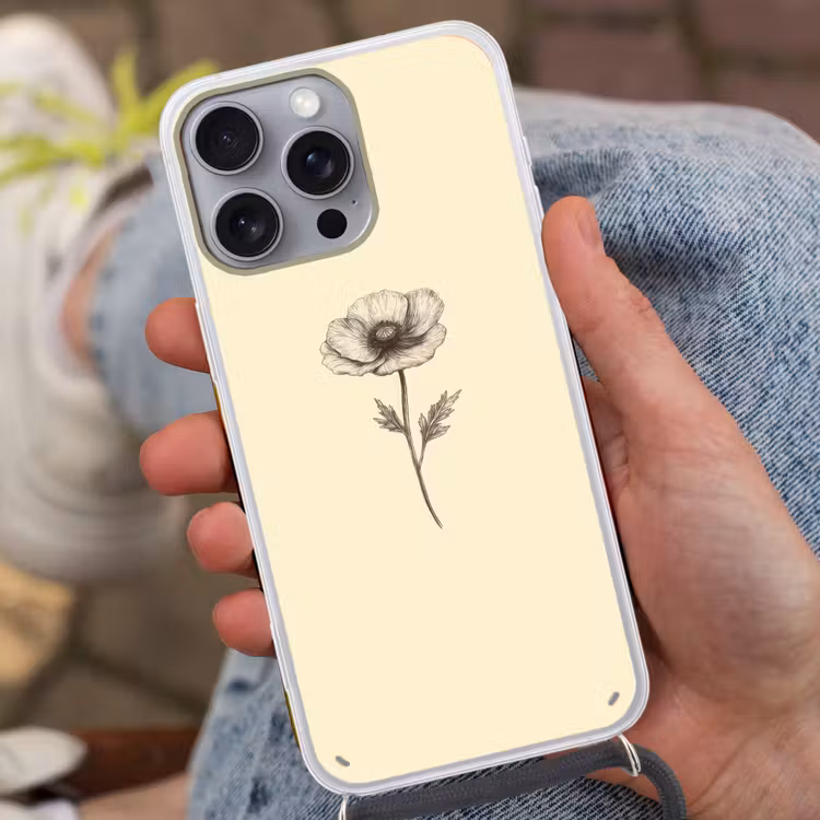 Telefoonhoesje met koord - Klaproos - Illustratie - Zwart — 2