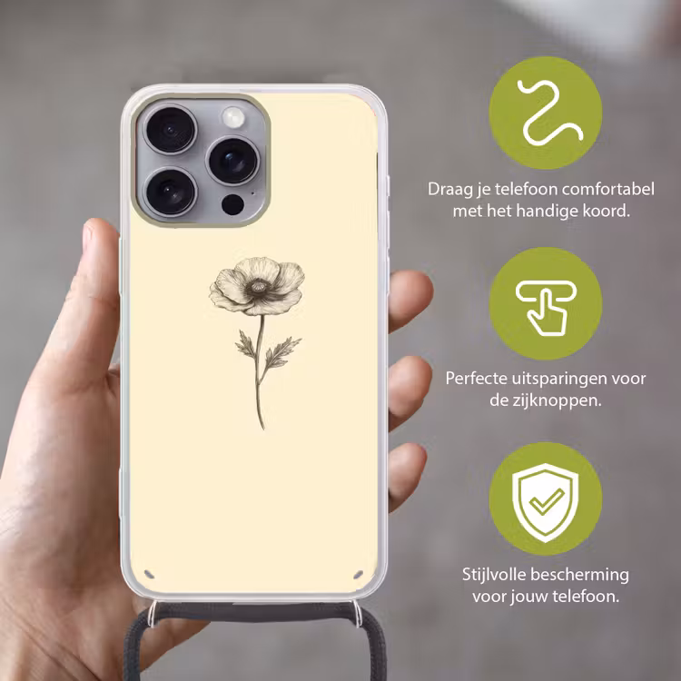 Telefoonhoesje met koord - Klaproos - Illustratie - Zwart — 4