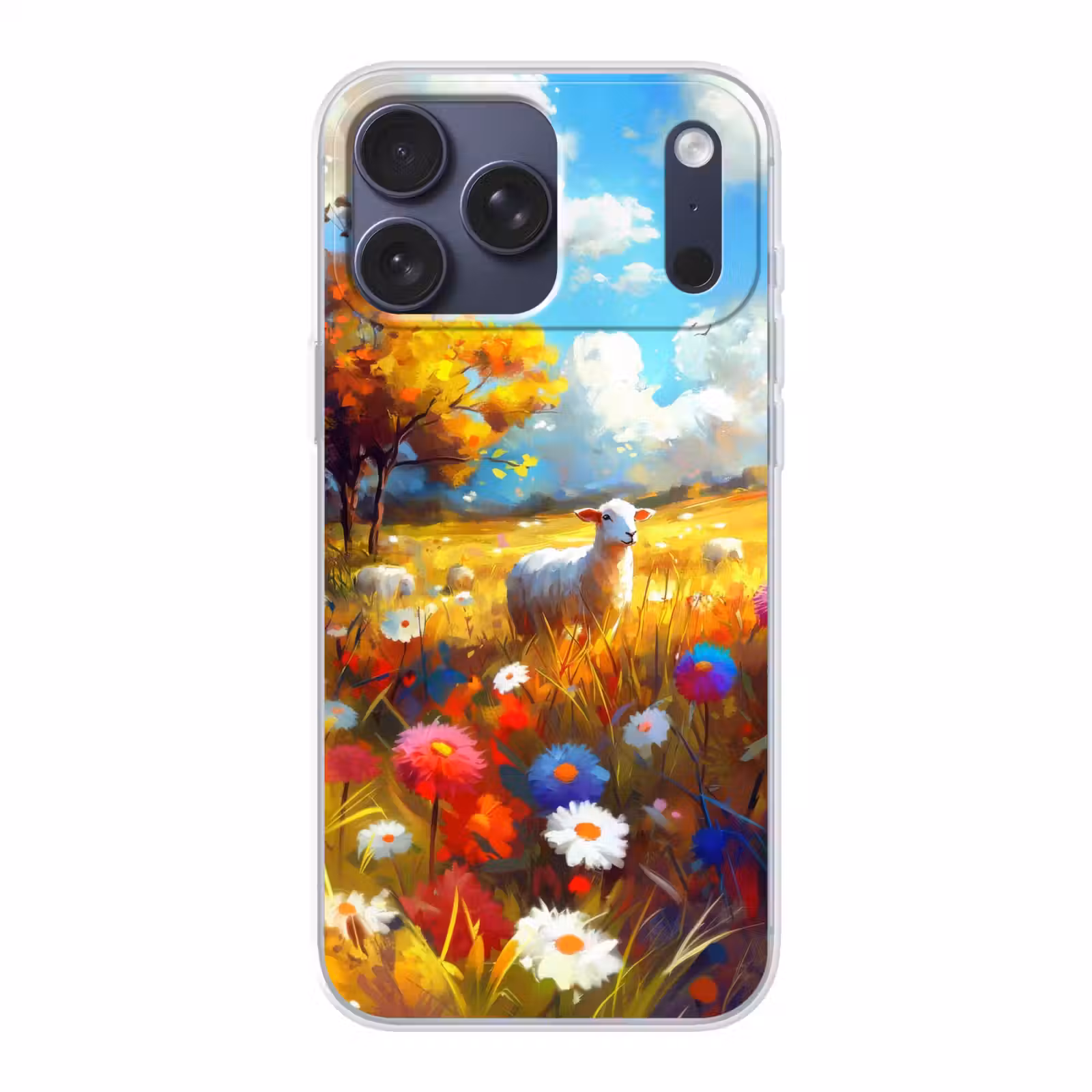 Telefoonhoesje Softcase - Schaap - Weide - Bloemen — 1