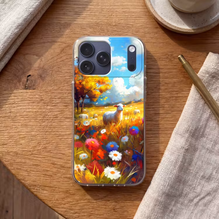 Telefoonhoesje Softcase - Schaap - Weide - Bloemen — 2