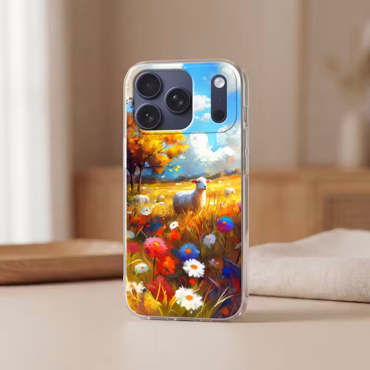 Telefoonhoesje Softcase - Schaap - Weide - Bloemen — 3