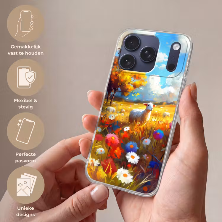 Telefoonhoesje Softcase - Schaap - Weide - Bloemen — 4