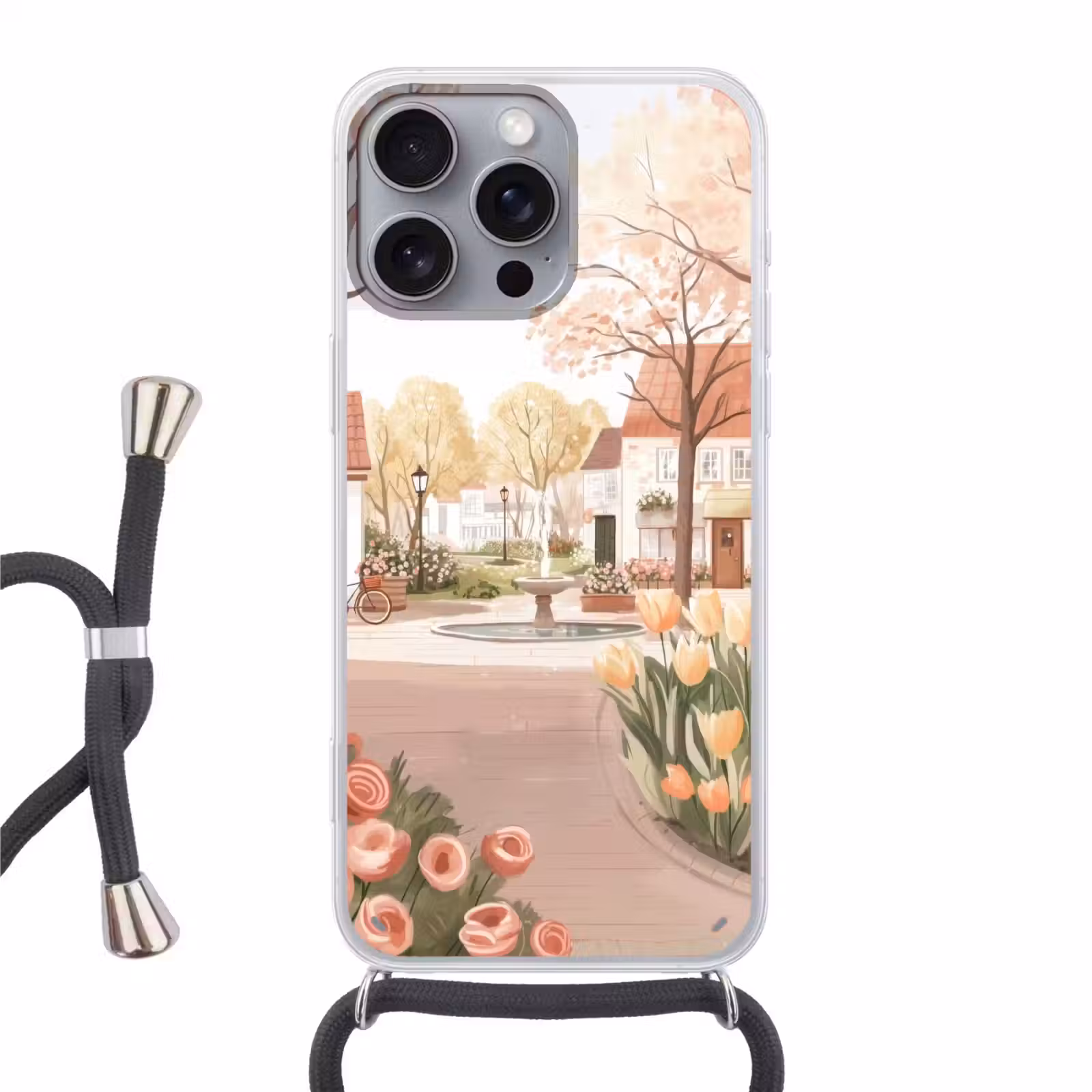 Telefoonhoesje met koord - Dorpsplein - Fontein - Tulpen — 1