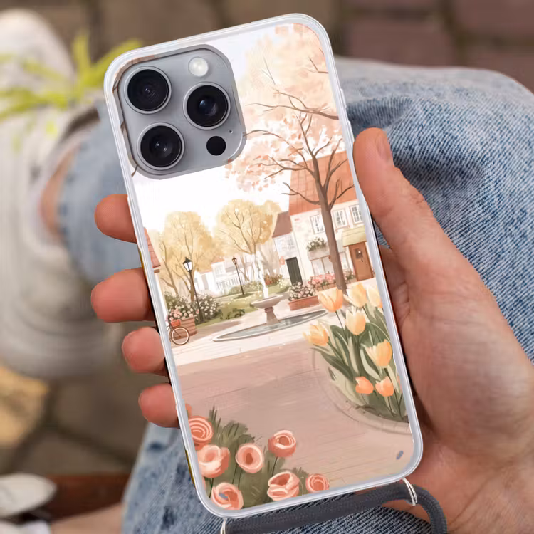 Telefoonhoesje met koord - Dorpsplein - Fontein - Tulpen — 2