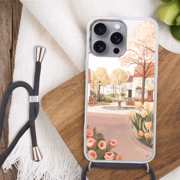 Telefoonhoesje met koord - Dorpsplein - Fontein - Tulpen — 3