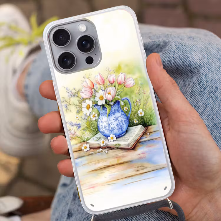 Telefoonhoesje met koord - Vaas - Delftsblauw - Madeliefjes — 2