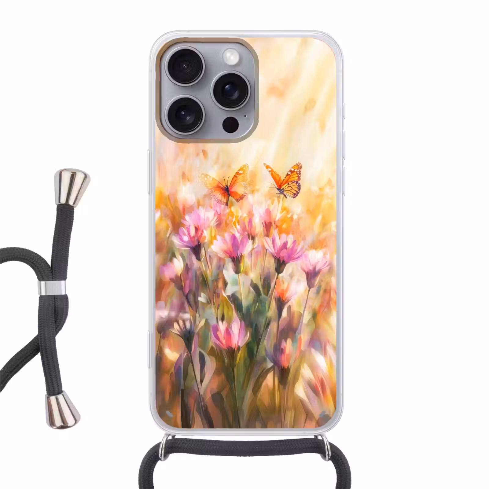 Telefoonhoesje met koord - Vlinders - Oranje - Bloemen — 1