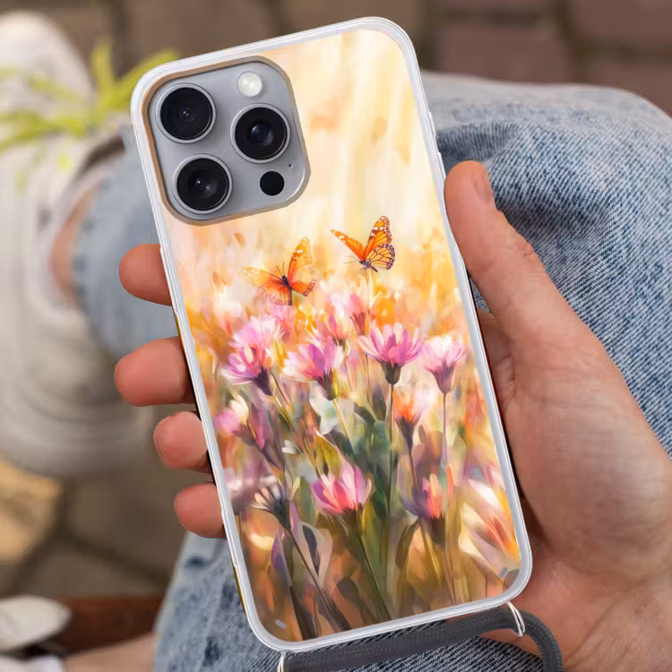 Telefoonhoesje met koord - Vlinders - Oranje - Bloemen — 2