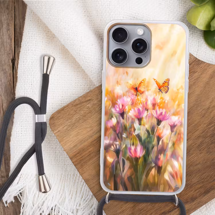 Telefoonhoesje met koord - Vlinders - Oranje - Bloemen — 3