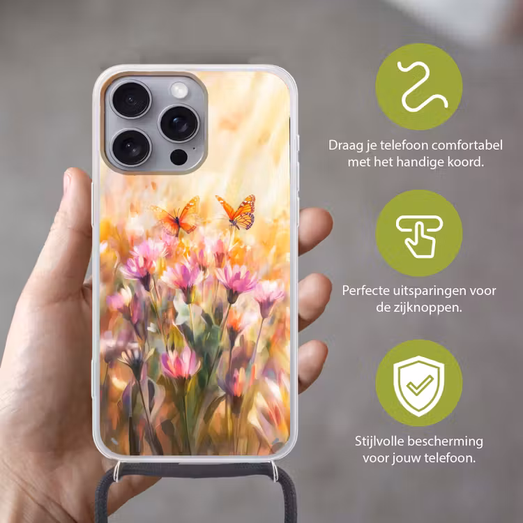 Telefoonhoesje met koord - Vlinders - Oranje - Bloemen — 4