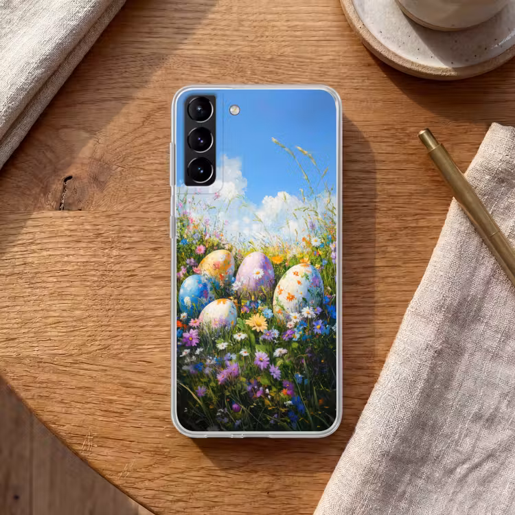 Telefoonhoesje Softcase - Grasveld - Eieren - Bloemen — 1