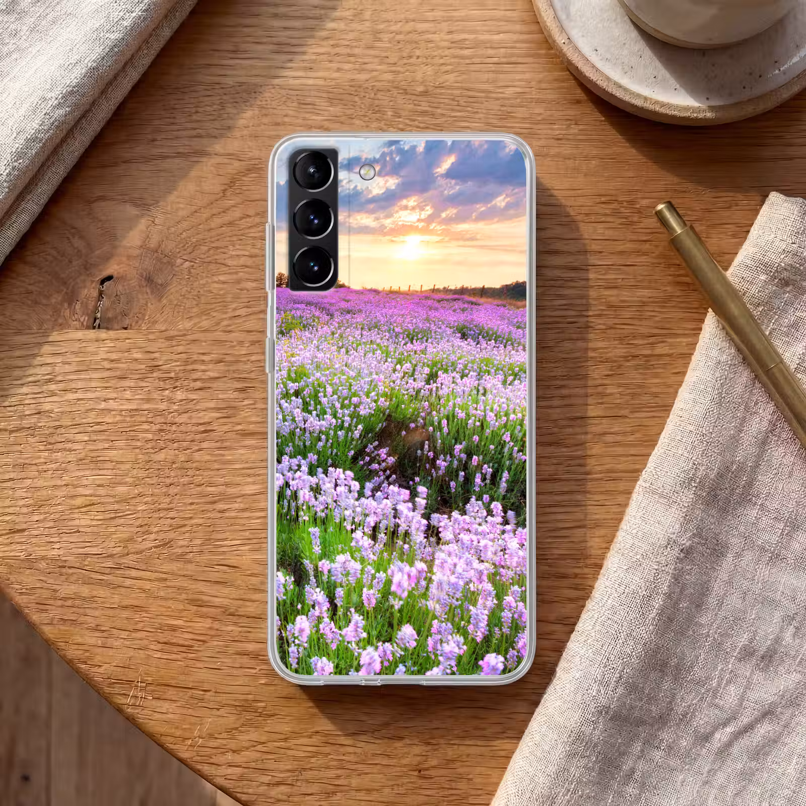 Telefoonhoesje Softcase - Bloemen - Lavendel - Paars - Lucht - Zonsondergang - Weide - Natuur — 1