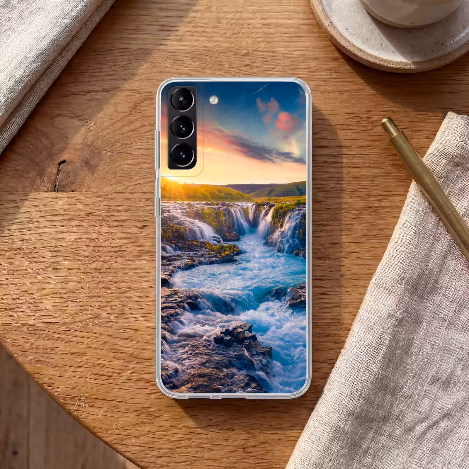 Telefoonhoesje Softcase - Waterval - Planten - Mos - Landschap - Zonsondergang - Rots — 1