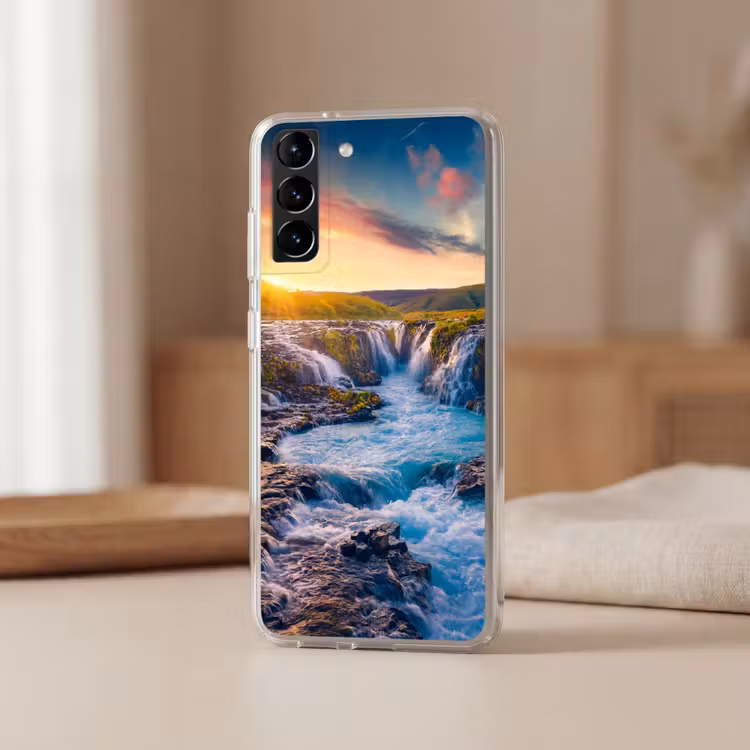 Telefoonhoesje Softcase - Waterval - Planten - Mos - Landschap - Zonsondergang - Rots — 2