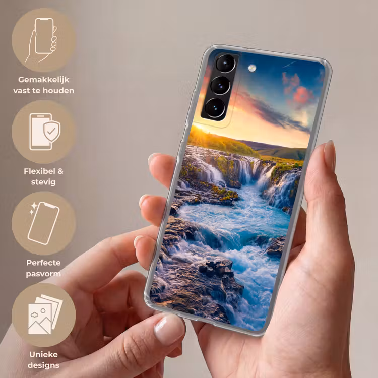 Telefoonhoesje Softcase - Waterval - Planten - Mos - Landschap - Zonsondergang - Rots — 3