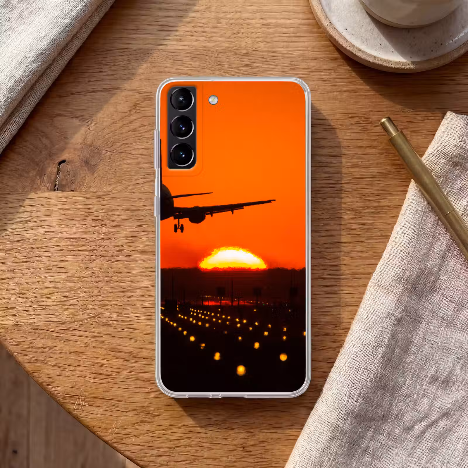 Telefoonhoesje Softcase - Zonsondergang - Vliegtuig - Oranje - Zon — 1