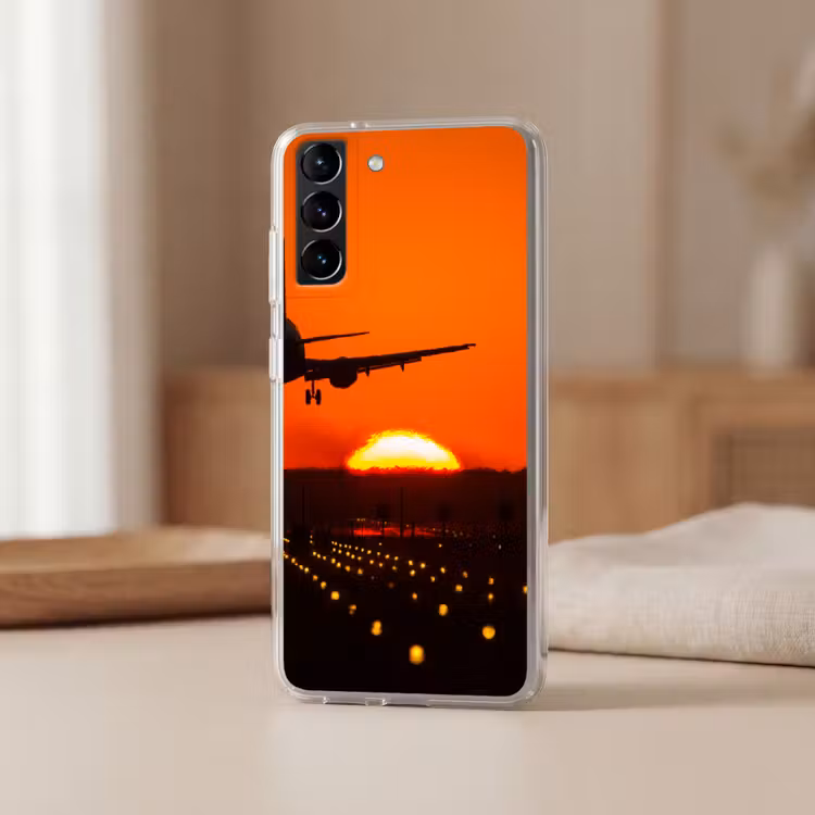 Telefoonhoesje Softcase - Zonsondergang - Vliegtuig - Oranje - Zon — 2