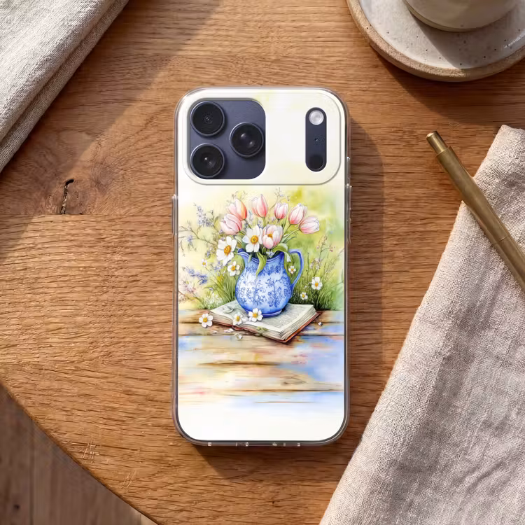 Telefoonhoesje Softcase - Vaas - Delftsblauw - Madeliefjes — 2