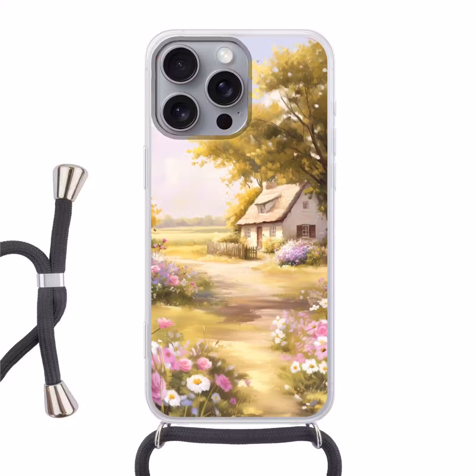 Telefoonhoesje met koord - Huisje - Hout - Bloemen — 1