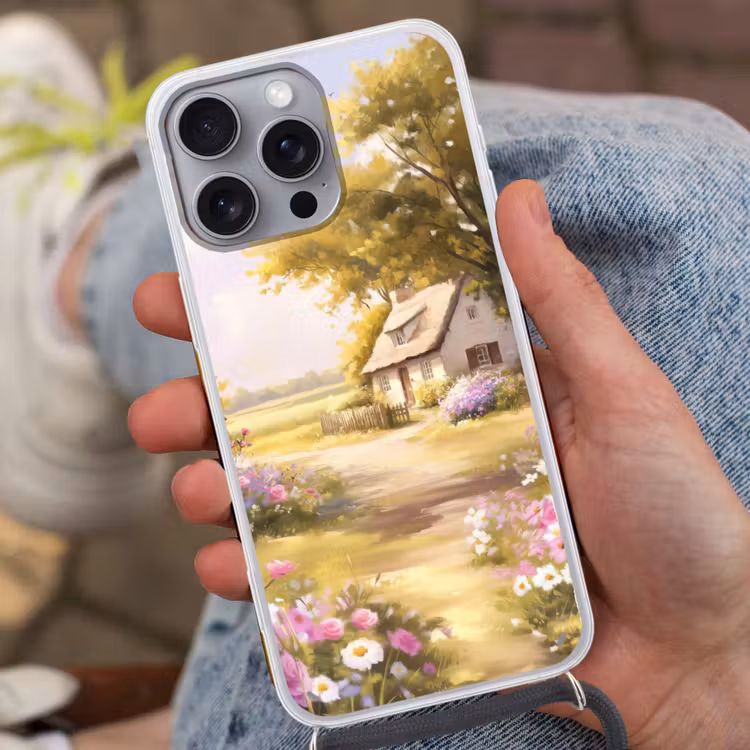 Telefoonhoesje met koord - Huisje - Hout - Bloemen — 2