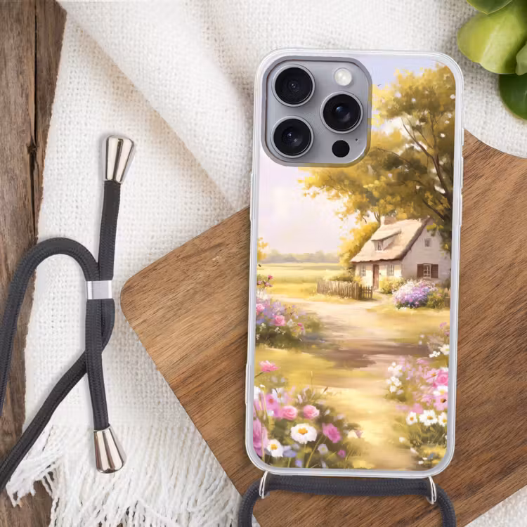 Telefoonhoesje met koord - Huisje - Hout - Bloemen — 3