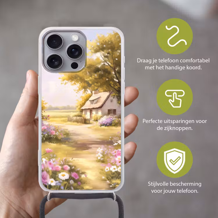 Telefoonhoesje met koord - Huisje - Hout - Bloemen — 4