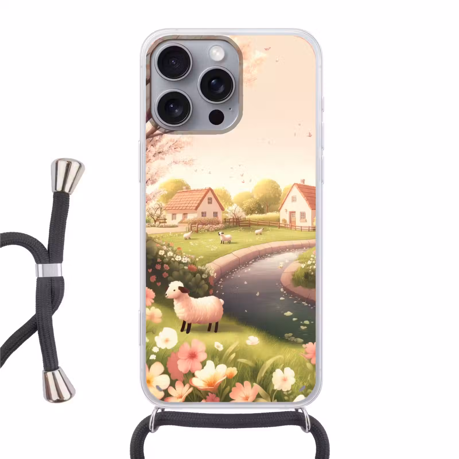 Telefoonhoesje met koord - Schapen - Huisje - Platteland — 1