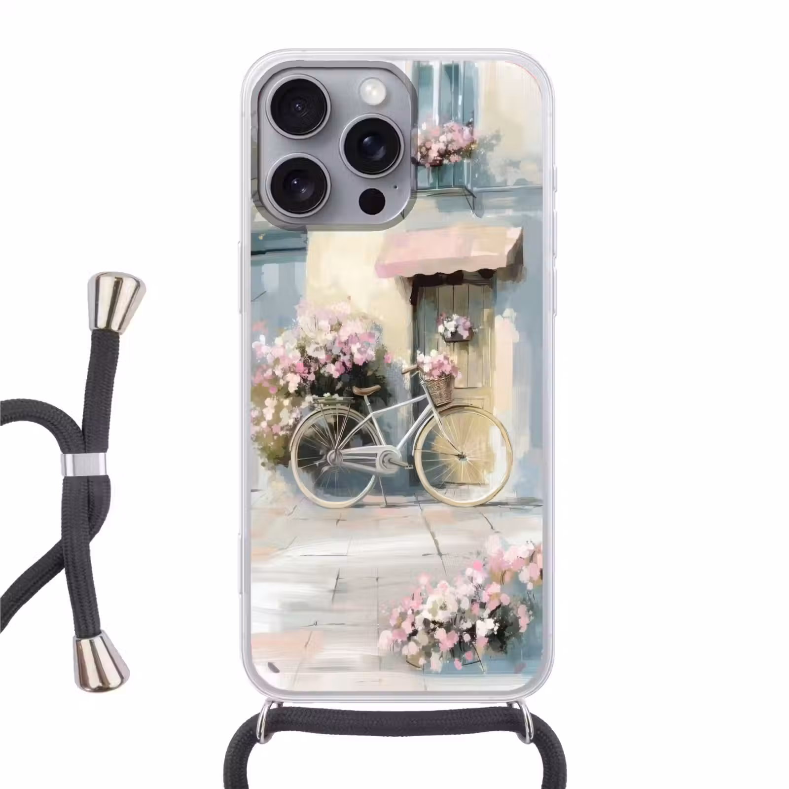 Telefoonhoesje met koord - Fiets - Pastelkleuren - Bloemen — 1