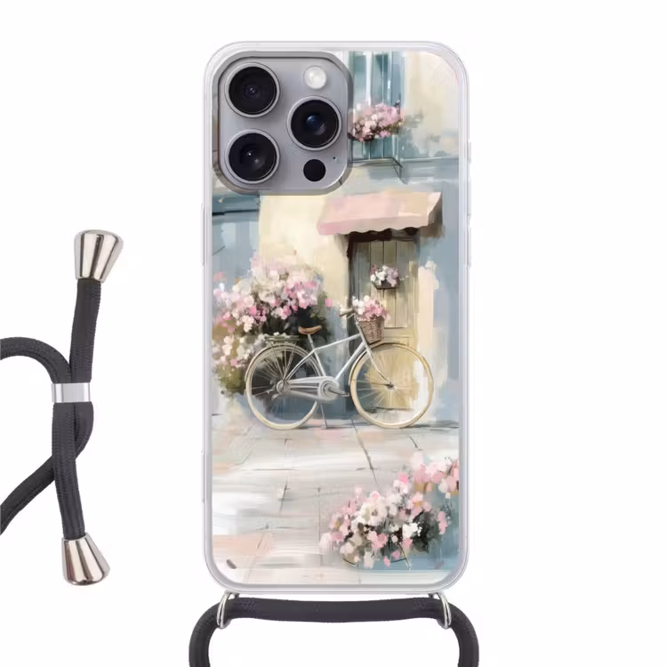 Telefoonhoesje met koord - Fiets - Pastelkleuren - Bloemen — 1