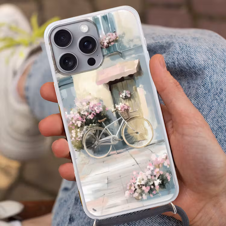 Telefoonhoesje met koord - Fiets - Pastelkleuren - Bloemen — 2
