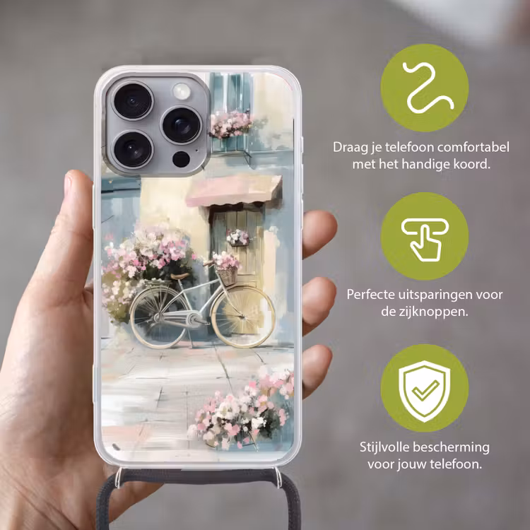 Telefoonhoesje met koord - Fiets - Pastelkleuren - Bloemen — 4