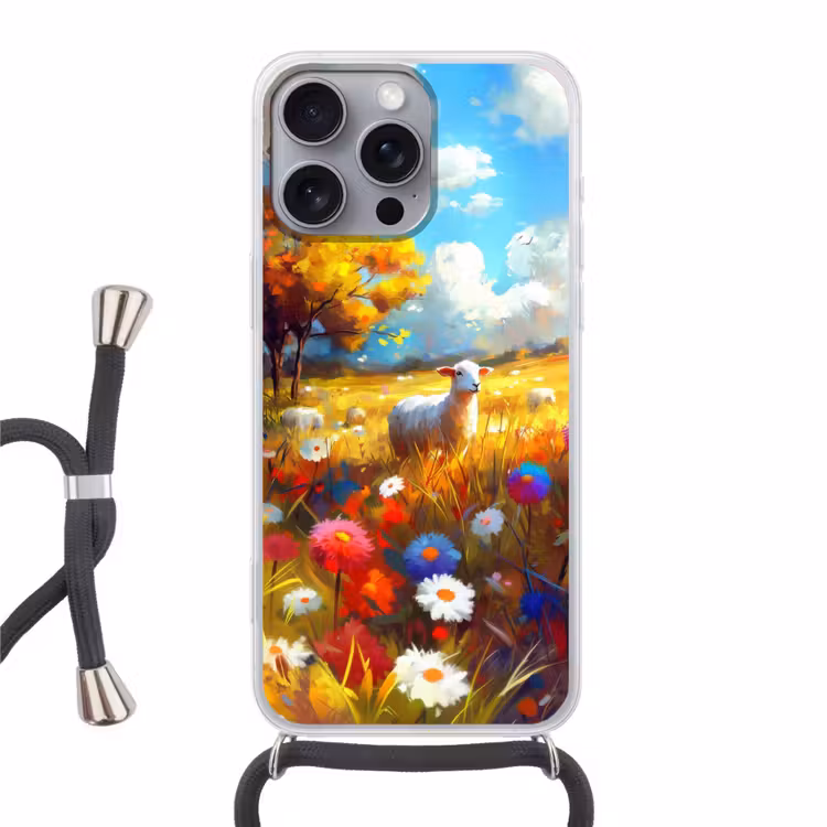 Telefoonhoesje met koord - Schaap - Weide - Bloemen — 1