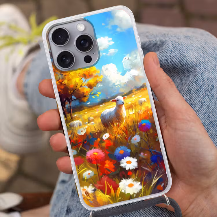 Telefoonhoesje met koord - Schaap - Weide - Bloemen — 2