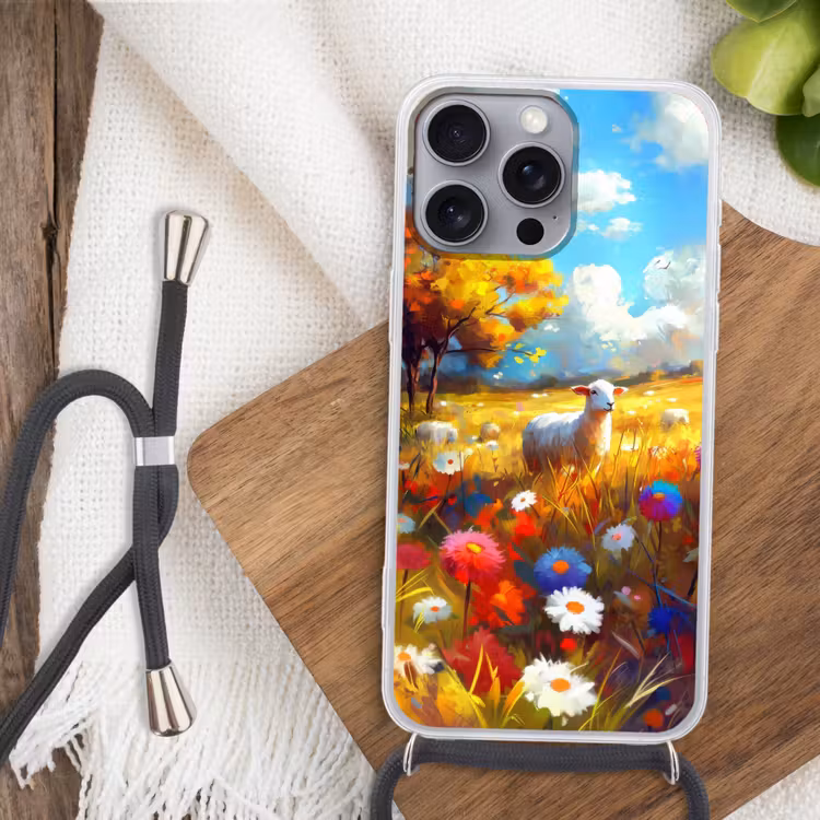 Telefoonhoesje met koord - Schaap - Weide - Bloemen — 3