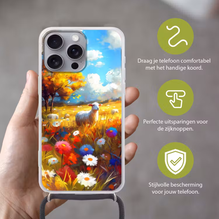 Telefoonhoesje met koord - Schaap - Weide - Bloemen — 4