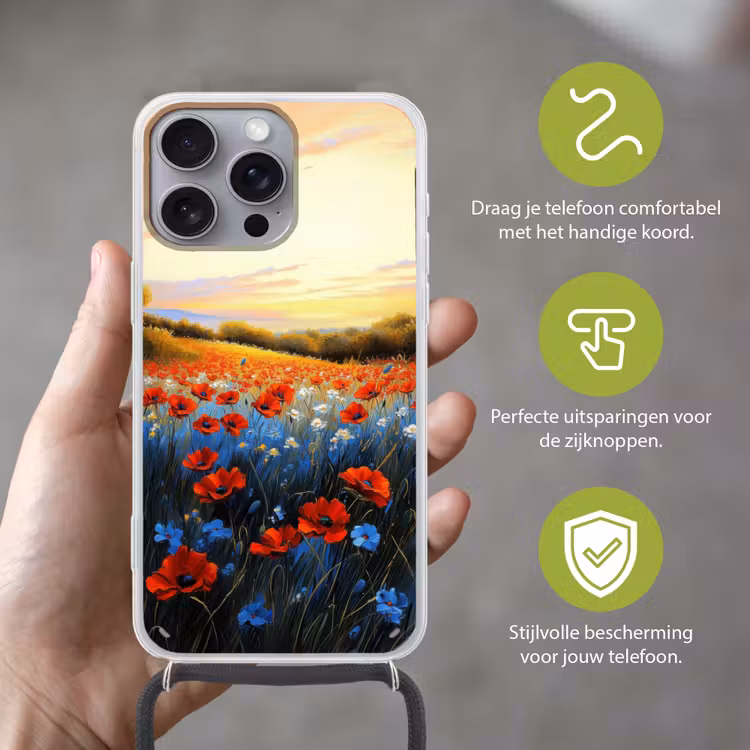 Telefoonhoesje met koord - Klaproos - Bloemenveld - Kleurrijk — 4