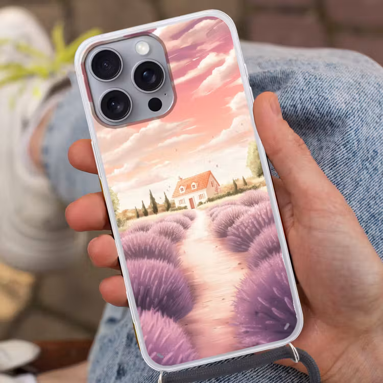 Telefoonhoesje met koord - Lavendelveld - Huis - Paars — 2