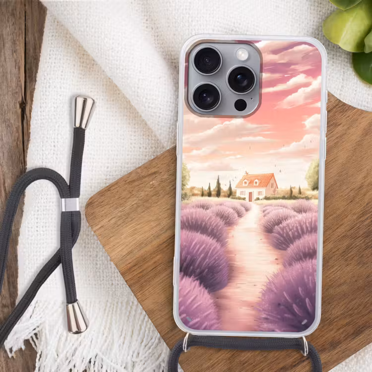 Telefoonhoesje met koord - Lavendelveld - Huis - Paars — 3